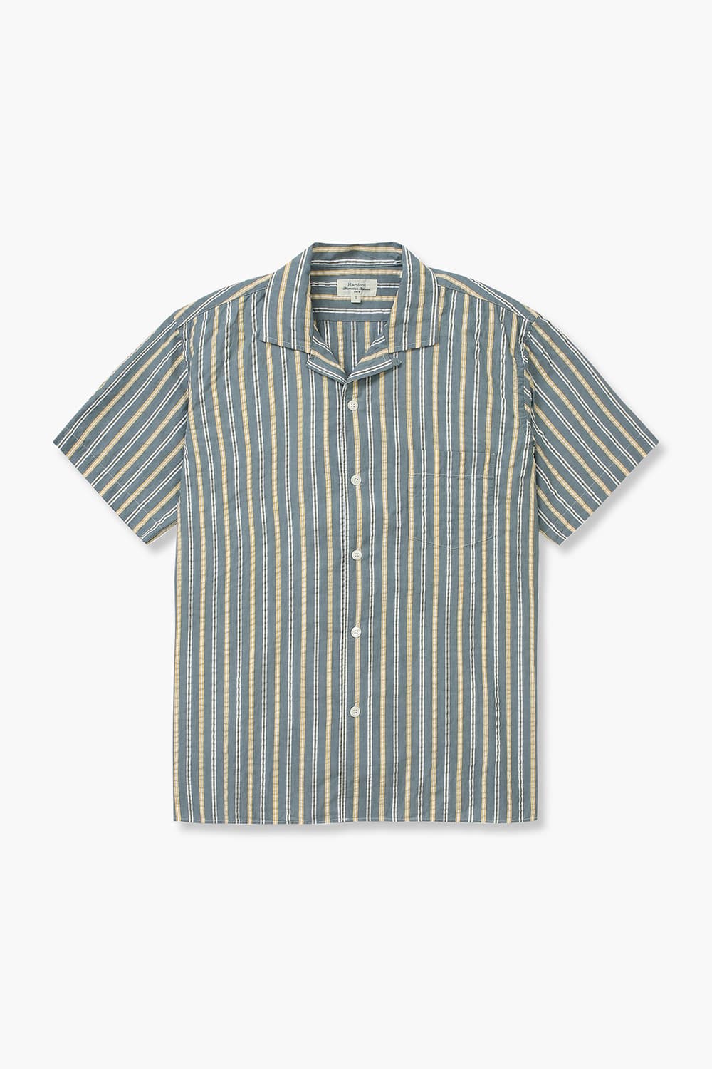 코튼 스트라이프 테일러드 카라 014 카키 반소매 셔츠