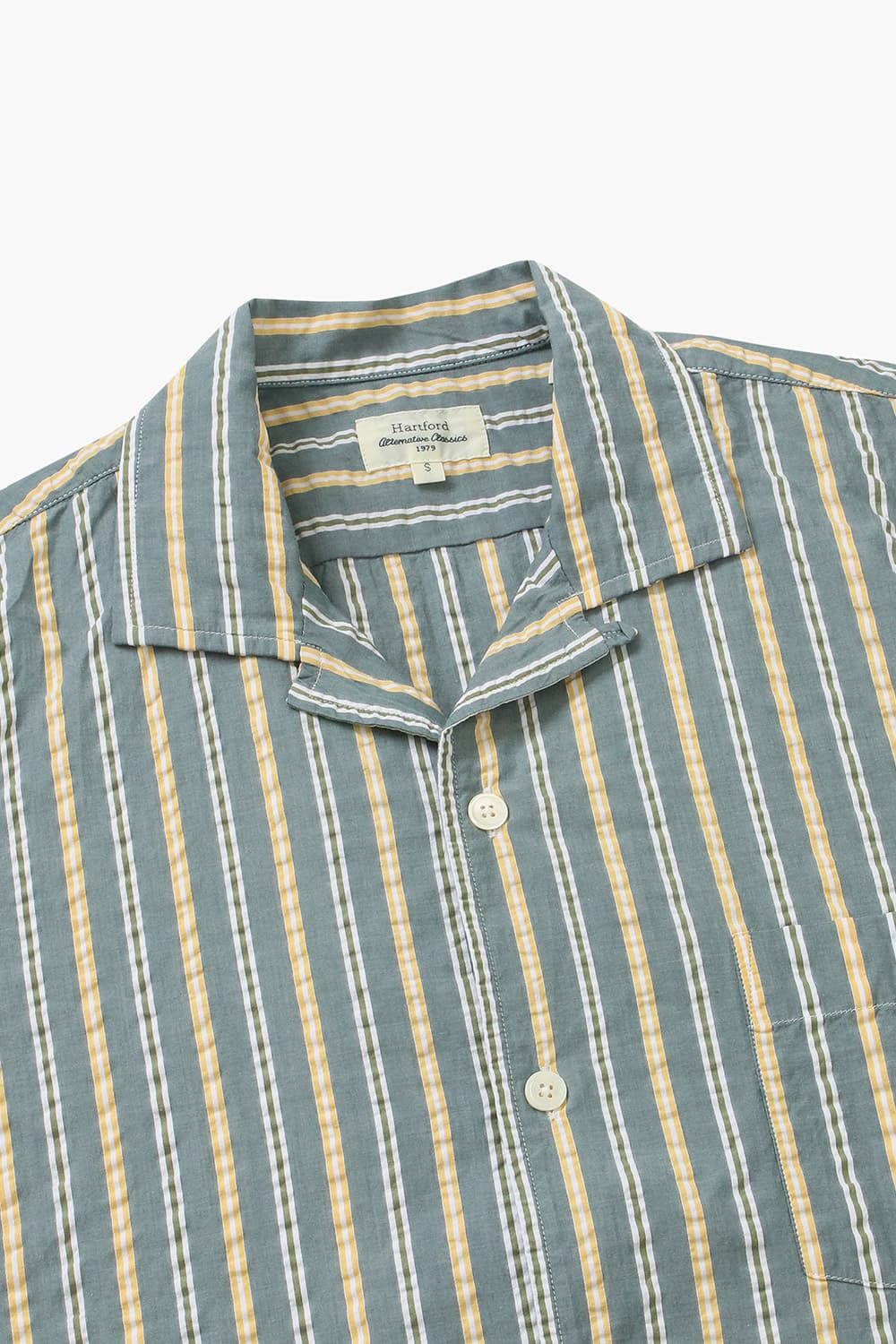 코튼 스트라이프 테일러드 카라 014 카키 반소매 셔츠