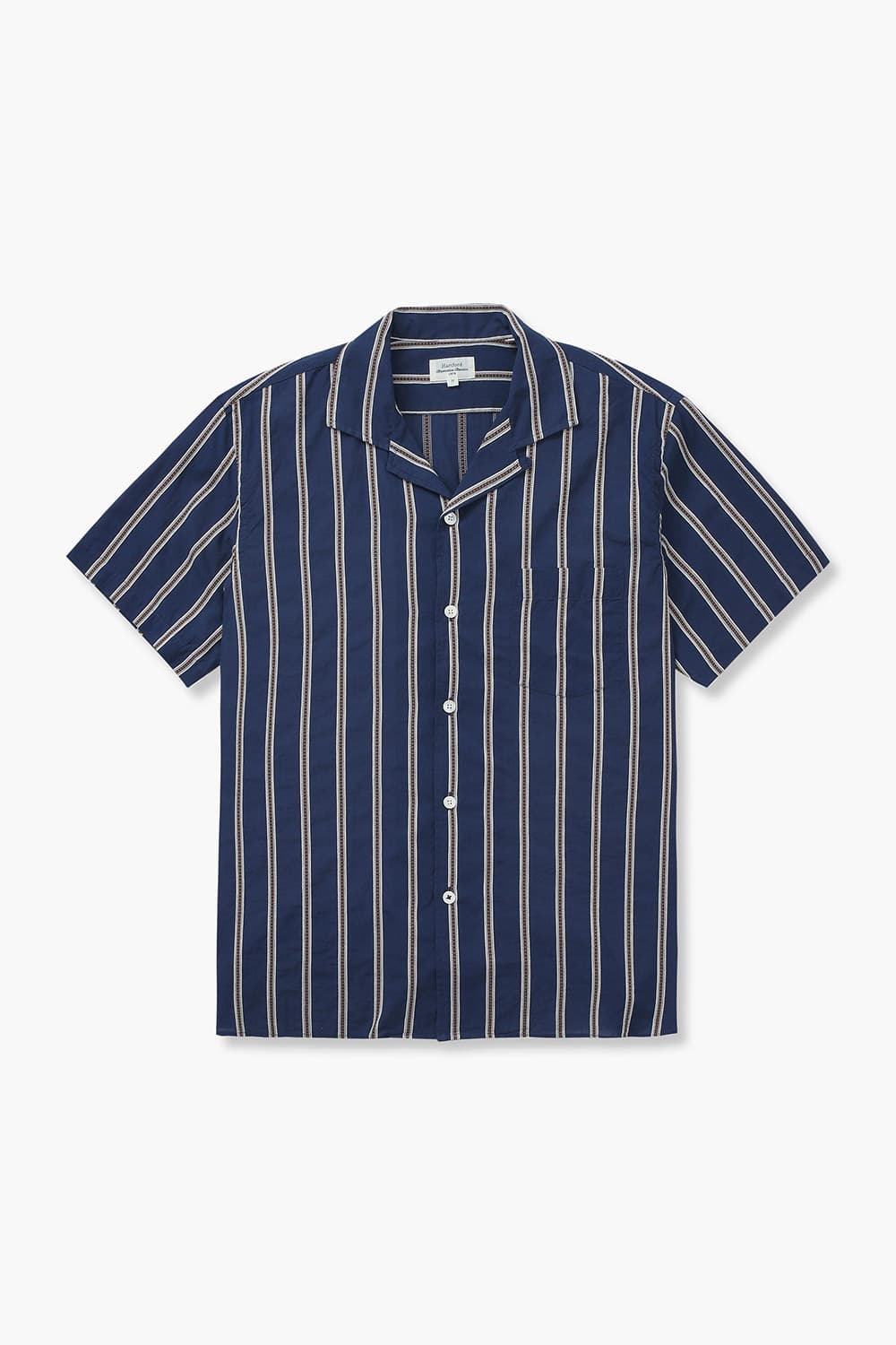 코튼 스트라이프 테일러드 카라 013 네이비 반소매 셔츠