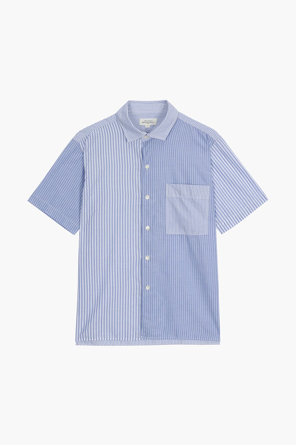 코튼 스트라이프 패치워크 507 블루 반소매 셔츠