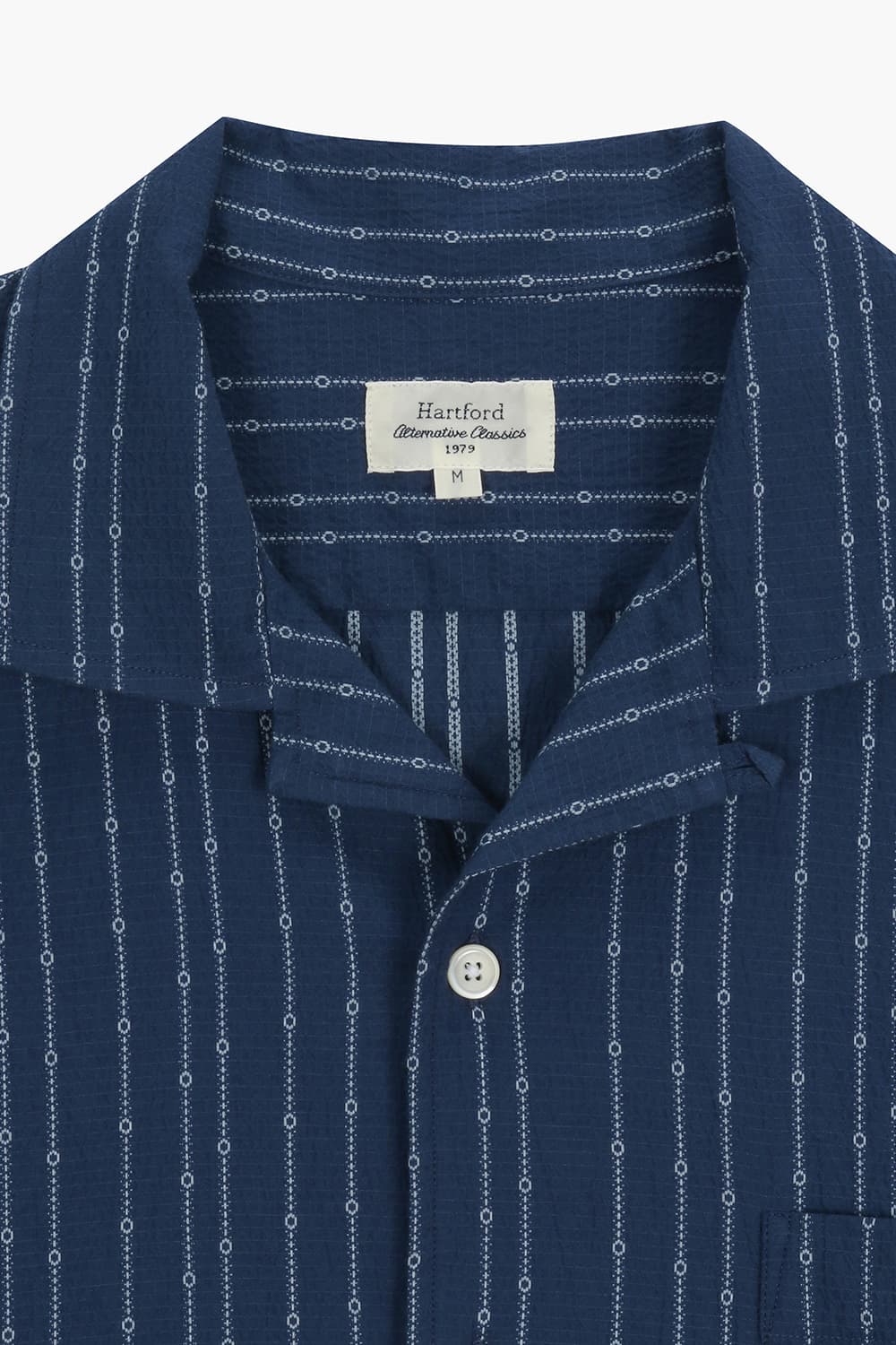 코튼 일러스트 스프라이프 테일러드 카라 502 네이비 반소매 셔츠