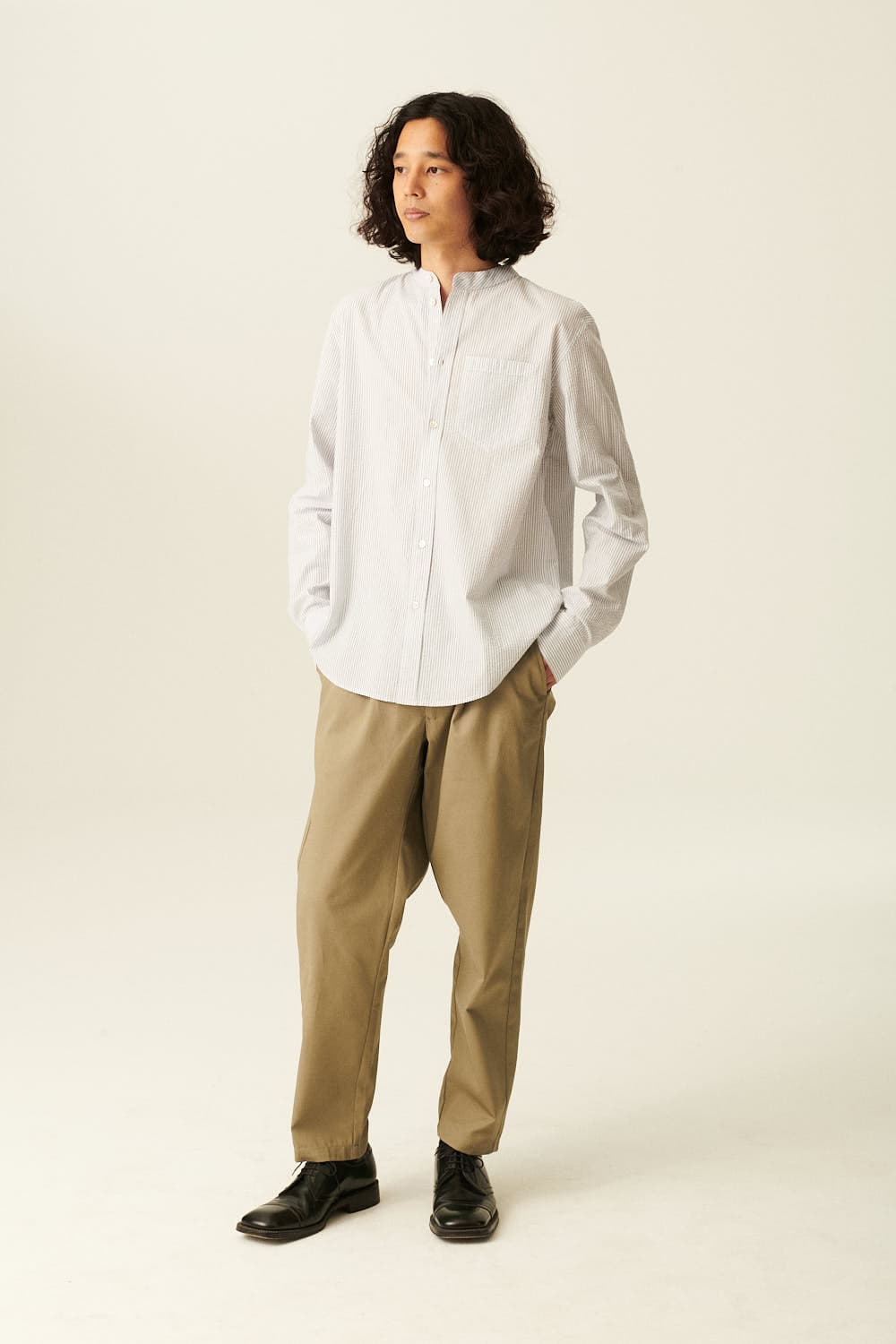 SANTIAGO 코튼 스트라이프 차이나 카라 003 화이트 셔츠