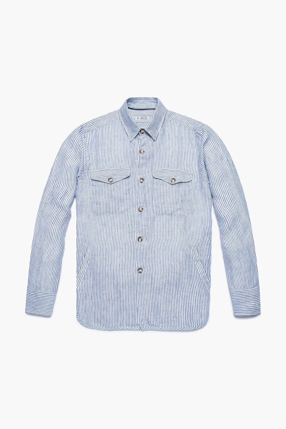 린넨 스프라이프 버튼 다운 포켓 201 블루 셔츠